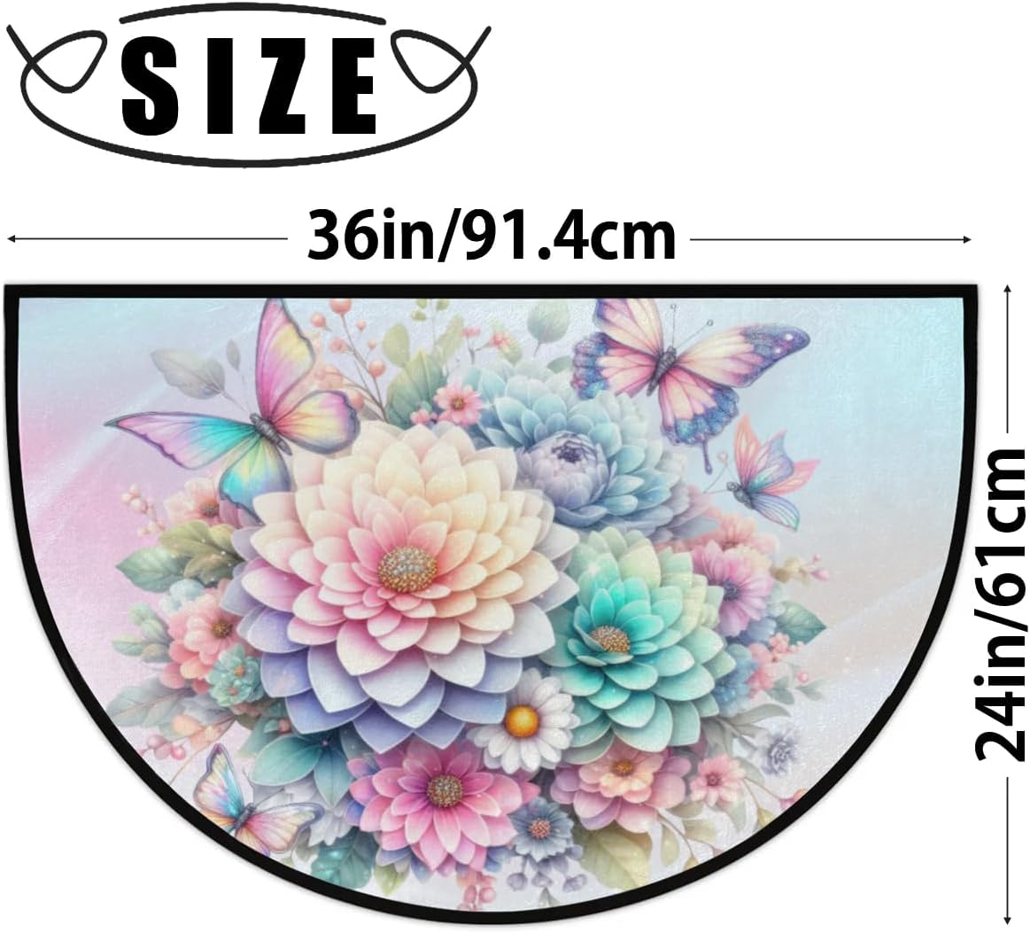 Half Round Door Flowers Butterfly Mat Semi Circle Area Rug Washable Half Moon Bathroom Rugs Entryway Rug for Indoor Bathroom Kitchen Hearth Fireplace Floor Welcome Carpet Low Profile