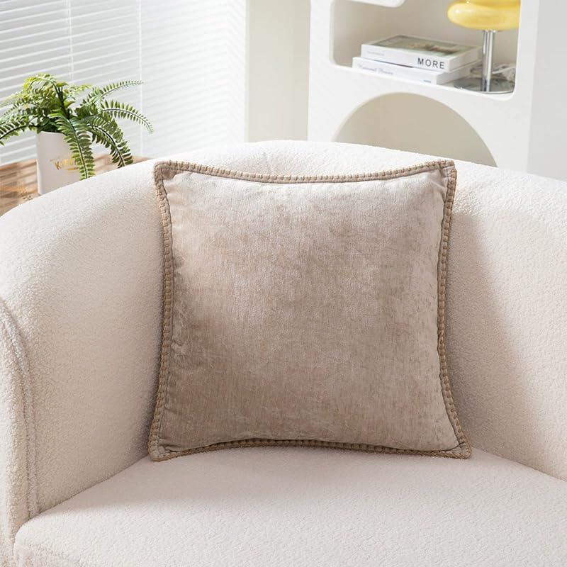 Decorative Throw Pillow Covers Pack of 2, 18x18 In Chenille Soft Pillow Covers with Stitched Edge, Farmhouse Neutral Euro Decorative Pillows for Bed Couch Sofa Home Decor Living Room,Beige - Image 3