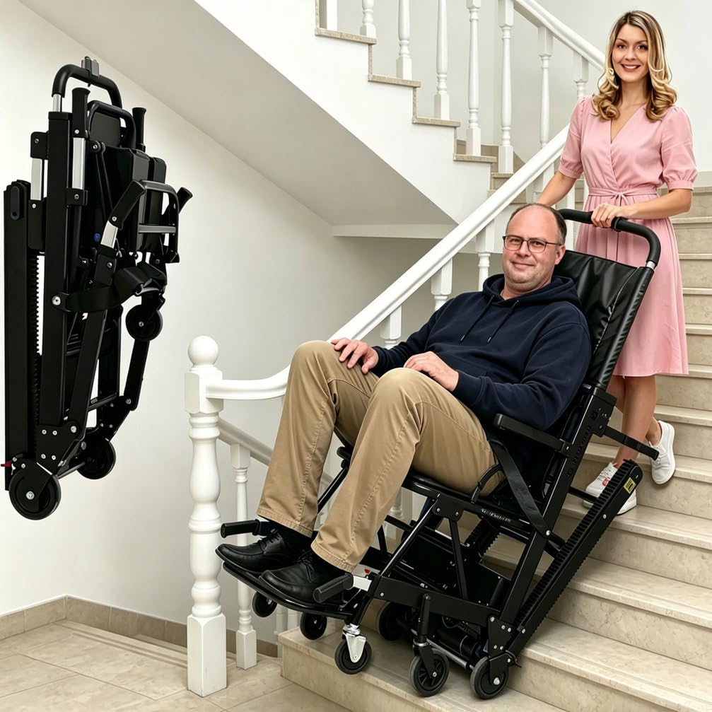 Silla de Ruedas eléctrica para Subir escaleras, Silla elevadora Plegable de Aluminio, batería 24V/13Ah, orugas de Goma, Silla de evacuación portátil para Ancianos y discapacitados,Negro