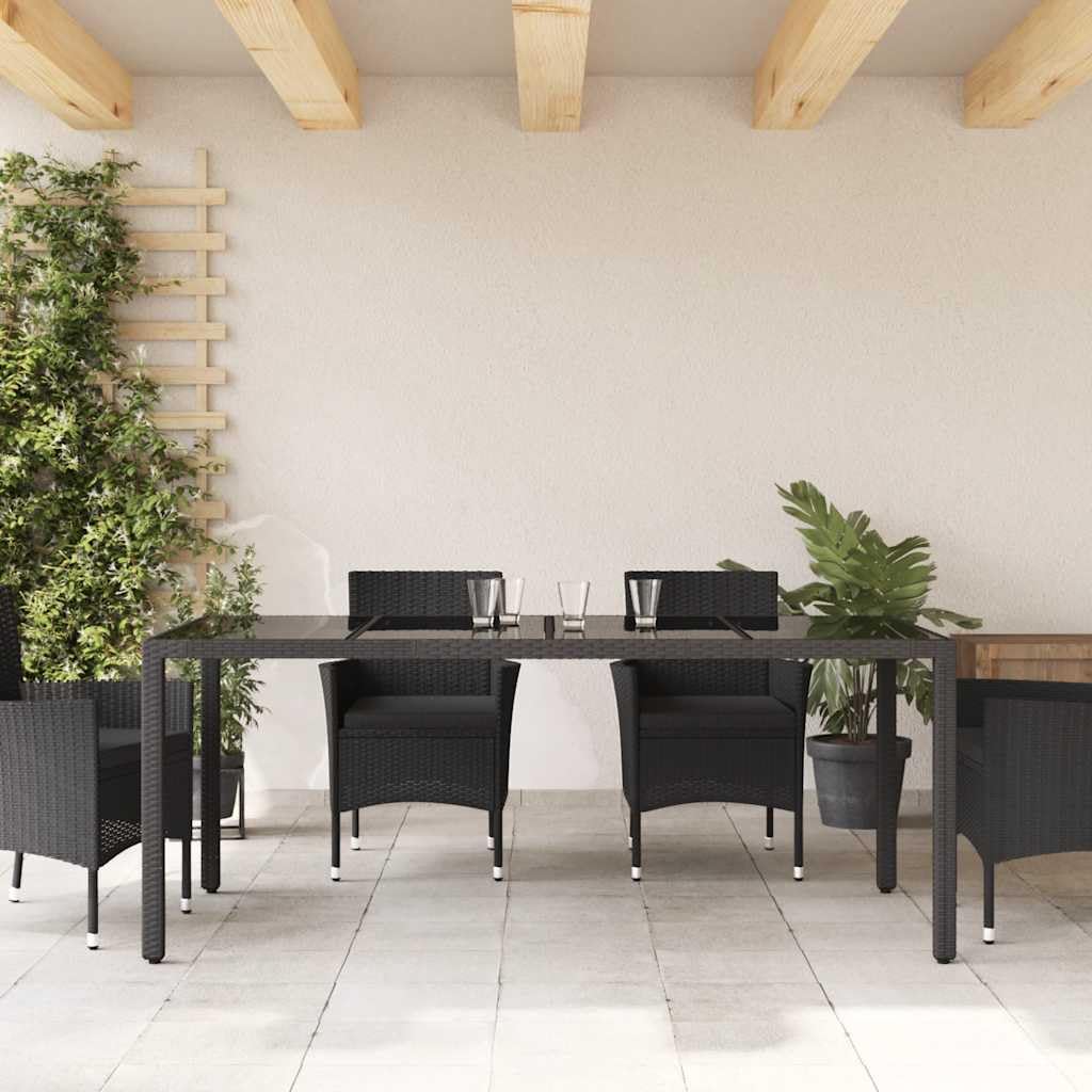 Poly Rattan stół ogrodowy ze szklanym blatem, czarny, 190 x 90 x 75 cm, stół do jadalni do ogrodu, na taras, stabilna rama stalowa malowana proszkowo, łatwe w pielęgnacji szkło hartowane