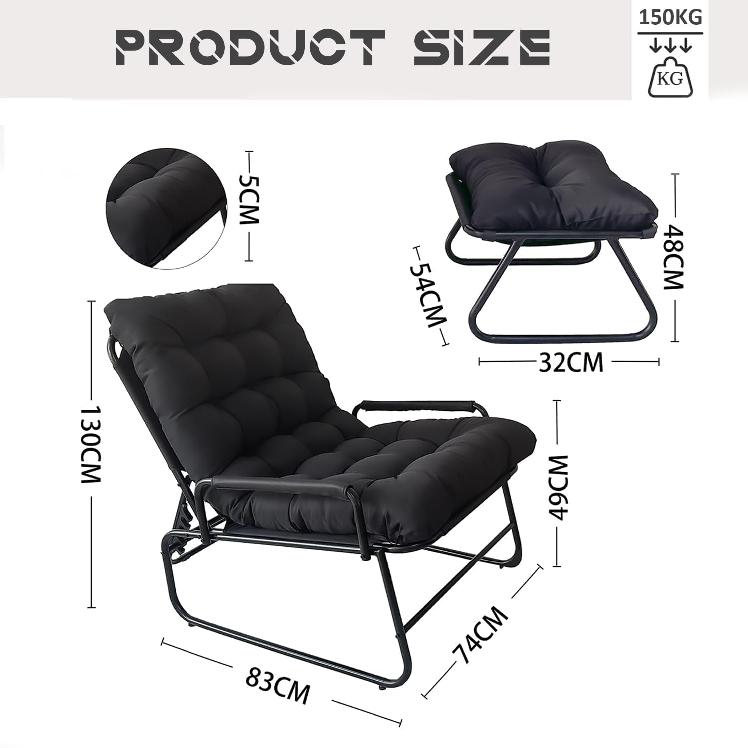 Tumbonas Jardin Exterior, Sillon Jardin Exterior, Tumbona con Taburete, Cojín Extraíble, 4 Posiciones Respaldo Ajustable, Sillones para Jardín, Terraza, Balcón (Beige)