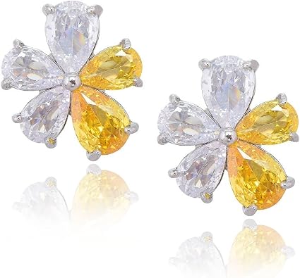 RIZILIA BLOSSOM 18K White Gold Plated Flower Earrings for Women, Pear Cut CZ [Simulated Yellow Citrine] Floral Stud Earrings, Trendy Jewelry Gift for Women Mom