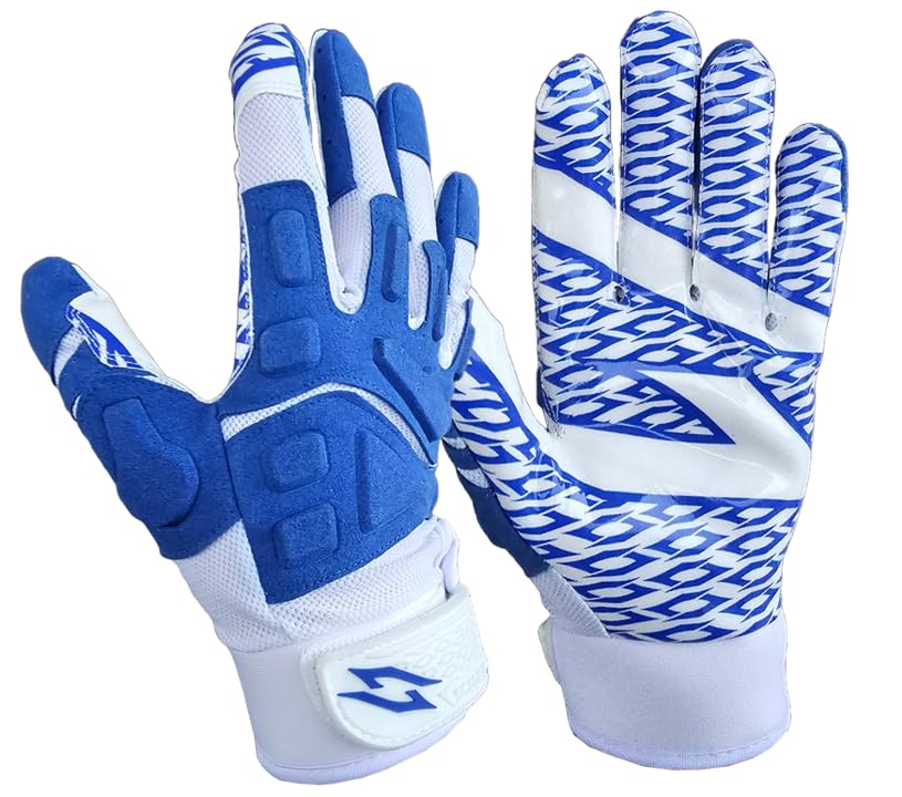 Scale Wear Design White Stealth Football Lineman Gloves with Tach Grip Silicone Palms. Adult Men's Youth Boys Sticky Lineman Wide Receiver Flag Football Boost Your Game (Youth-Medium, White-Blue)