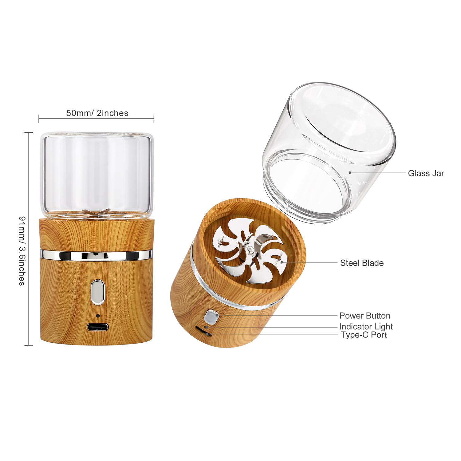 Macinino elettrico per erbe aromatiche, macina spezie ricaricabile, automatico, mini formato 5,1 x 8,9 cm, con 2 barattoli di vetro da 50 ml
