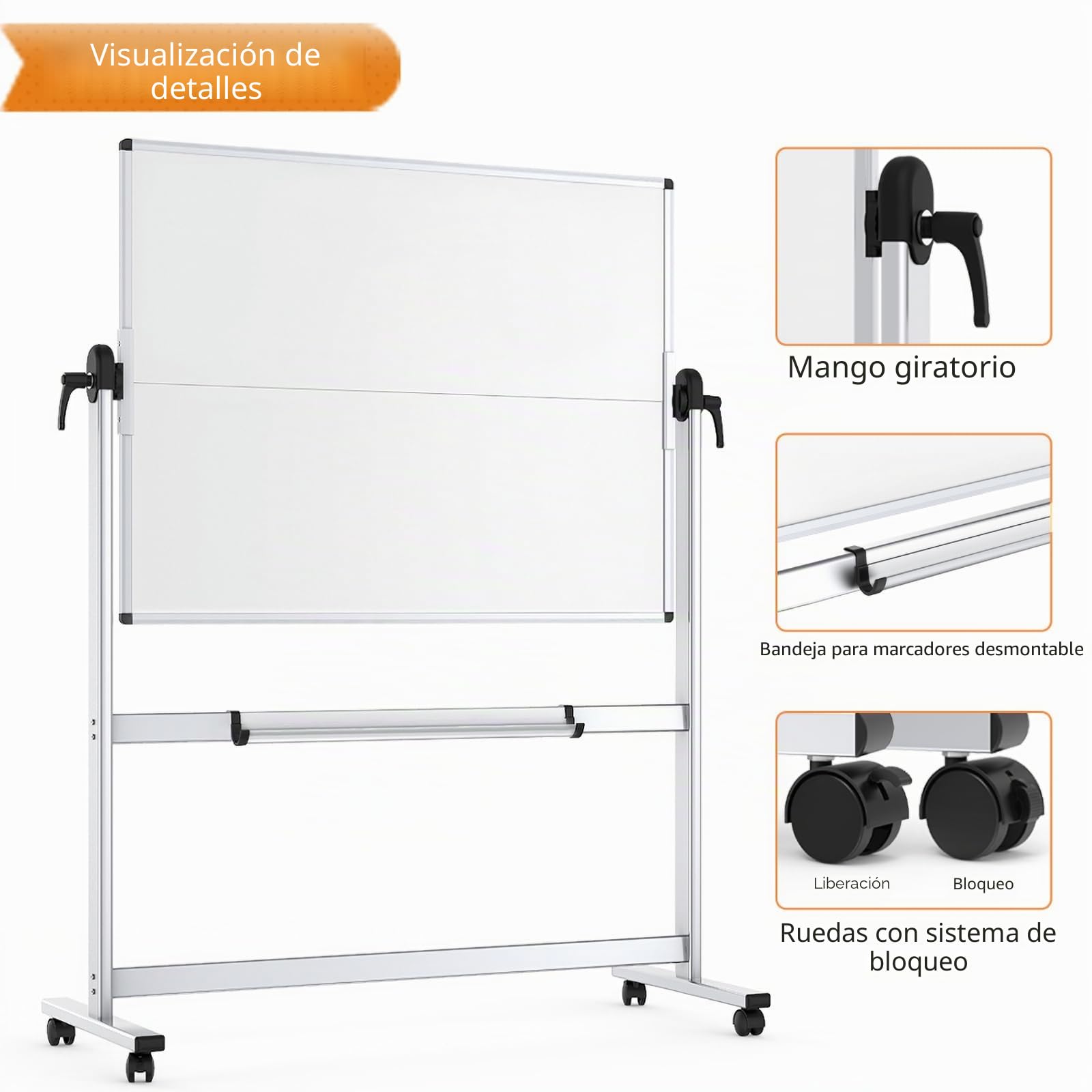VIZ-PRO Pizarra blanca móvil magnética de doble cara 120x90 cm, con ruedas y marco de aluminio, para oficina y aula