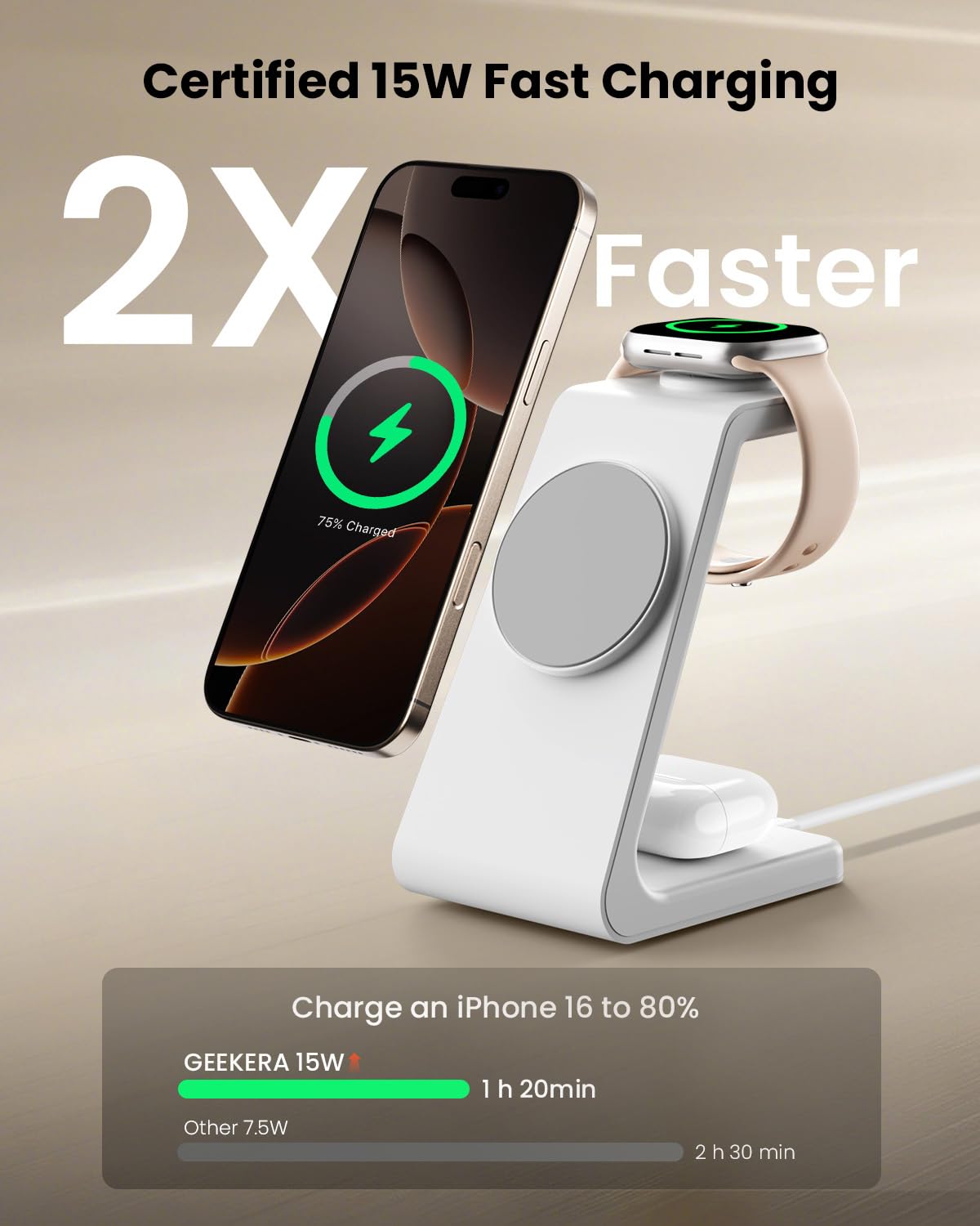 GEEKERA Station de charge sans fil 3 en 1 pour MagSafe, Qi2 certifié Qi2 15 W, support de chargeur sans fil magnétique rapide, compatible avec iPhone 16/15/14/13/12, Apple Watch, AirPods 4/3/Pro
