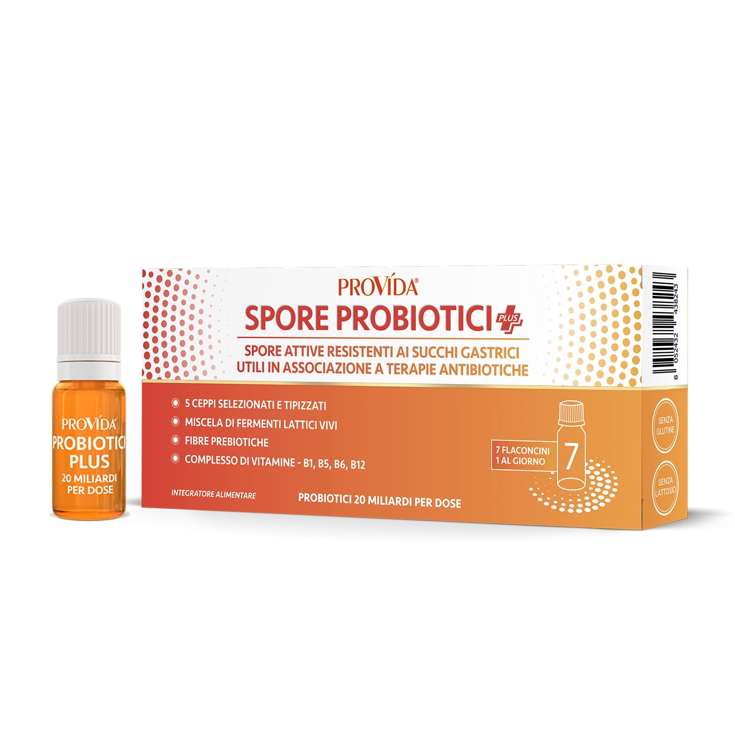 PROVÍDA Spore Probiotici Plus - 20 miliardi per dose - con fermenti lattici vivi, equilibrio della flora batterica intestinale, anche in associazione a terapie antibiotiche - 7 flaconcini da 8 ml