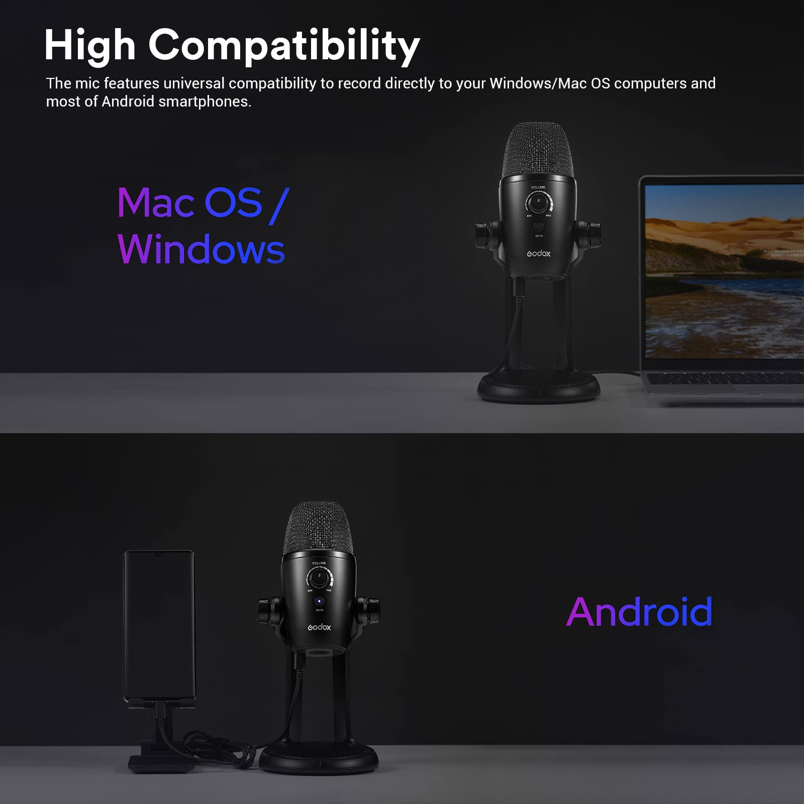 Godox UMIC82 USB-Kondensatormikrofon, 4 Aufnahmemuster Omnidirektional, Stereo, Bidirektional, Niere, Tri-Kapsel-Array, Plug & Play für Live-Streaming, ASMR-Aufnahme, Interview usw.
