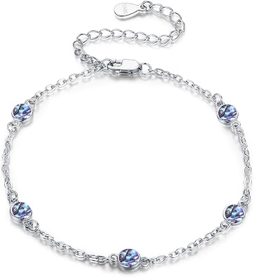 Cuoka Abalone Bracelets 925 Sterling Silver Rainbow Round Abalone Natural Stone Bracelet Beach Summer Jewellery for Women Girlfriend Mom Beach Summer