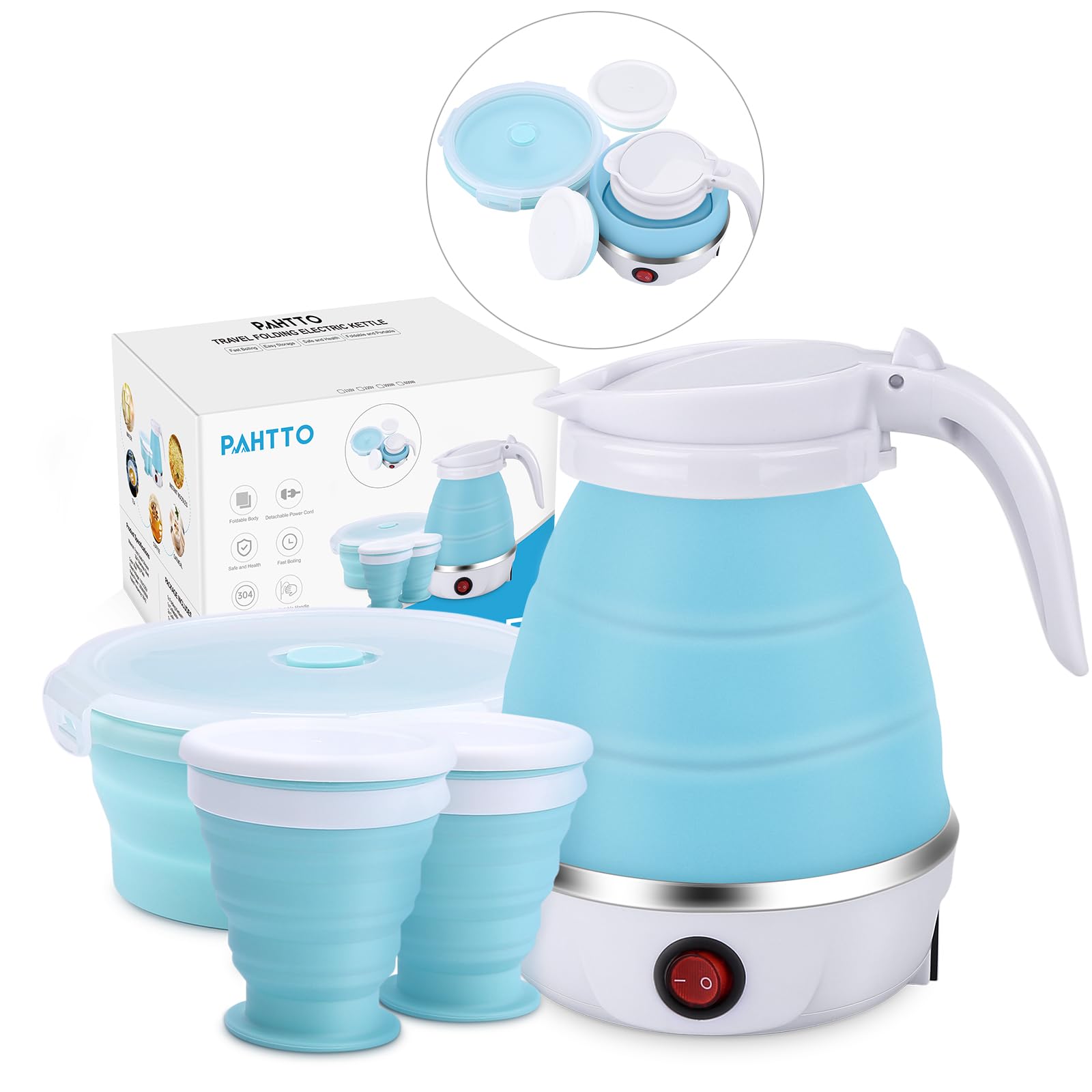 PAHTTO Bollitore elettrico da 600 ml con tazza e ciotola, bollitore portatile da viaggio, funzione di ebollizione rapida, senza BPA, 220 V, 600 W, per campeggio, viaggi, vacanze, ufficio, hotel