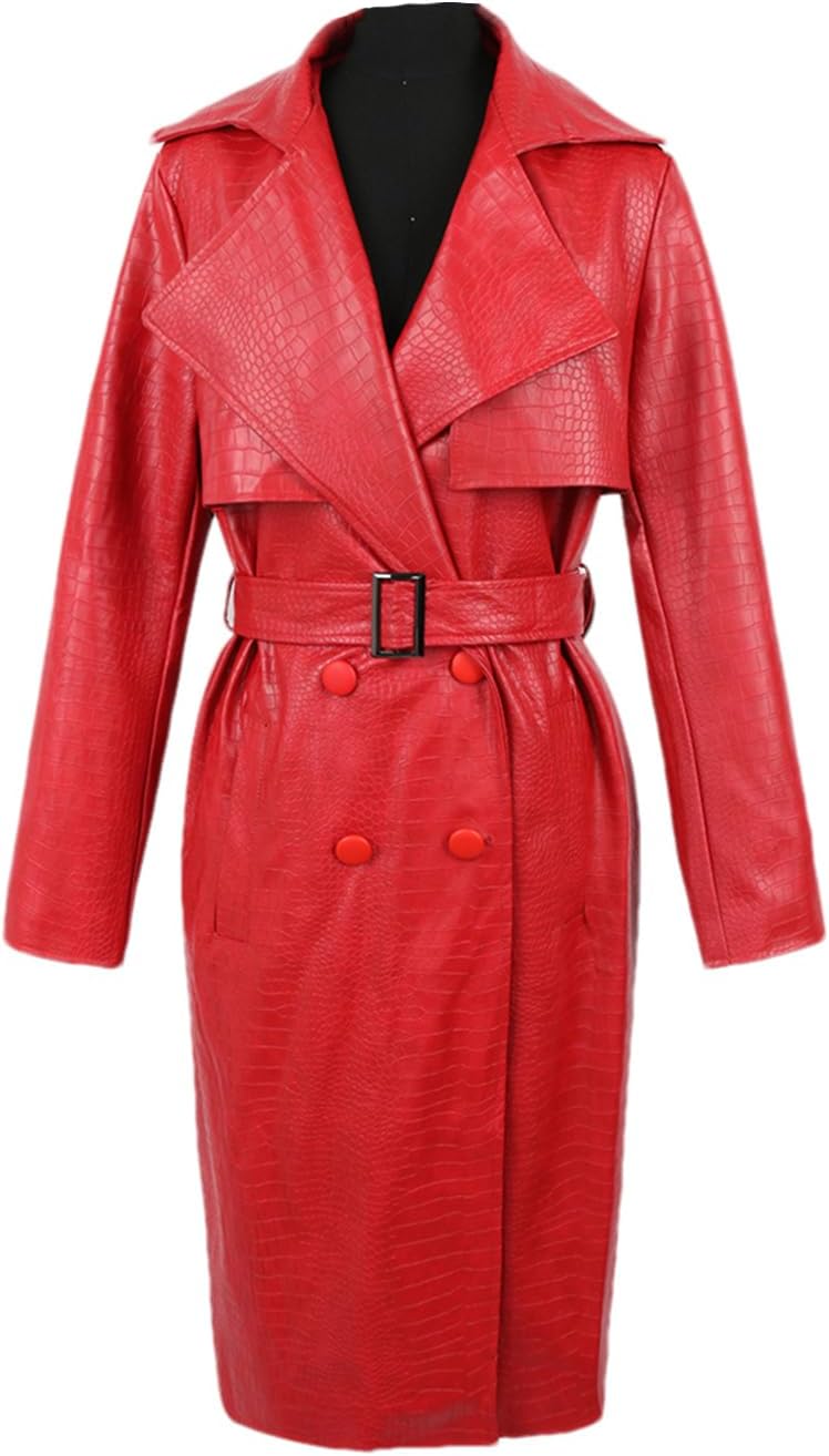 Wvapzxx Autumn Long Crocodile Print Leather Trench Coat For Women Belt Double Breasted Waterproof Raincoat