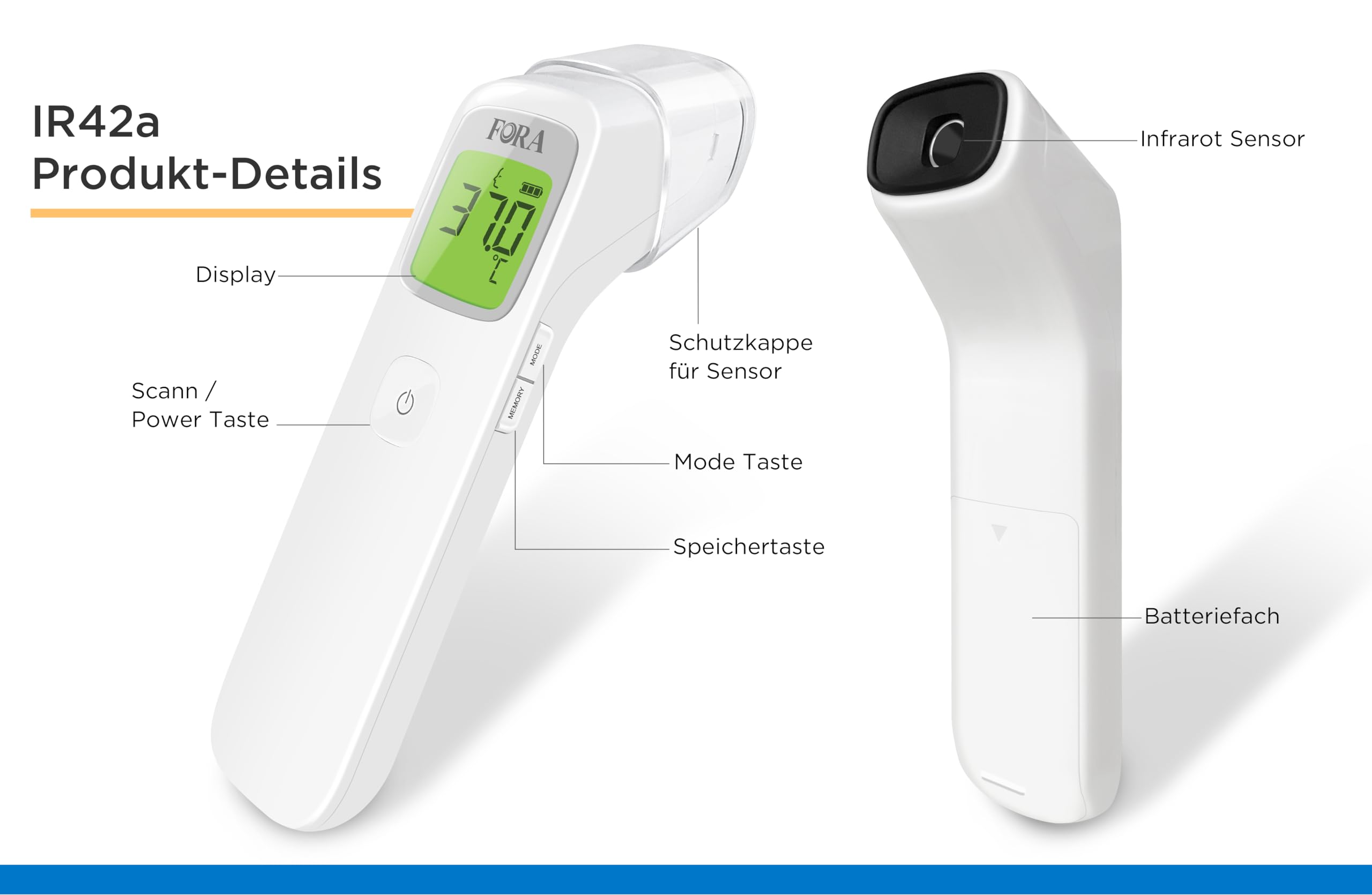 FORA IR42*6 mit Displaybox, Klinisches Infrarot-Stirnthermometer, kontaktlos, Multifunktional, Geeignet für Babys und Erwachsene, Sofortige und exakte Messung, Mit Fieberalarm und Erinnerungsfunktion.