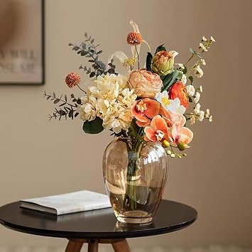 18 Artificial Peony, Hydrangea & Orchid Silk Bouquet - Fake Flowers for Bridal Wedding Bouquets, Bridesmaid Prom, Indoor Home Decor Centerpiece(Faux Plants, Outdoor Use) (Orange)