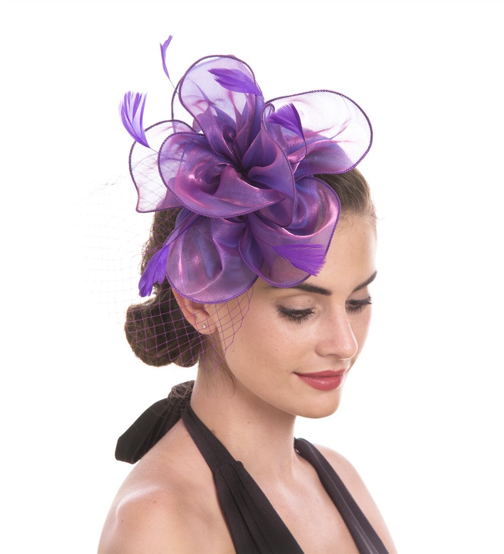 Haojing Fascinators Wedding Chapeau Cocktail Tea Party Royal Ascot Chapeaux Flower Mesh Rubans Plumes sur Un Bandeau et Un Clip de Pelle pour Les Filles et Les Femmes