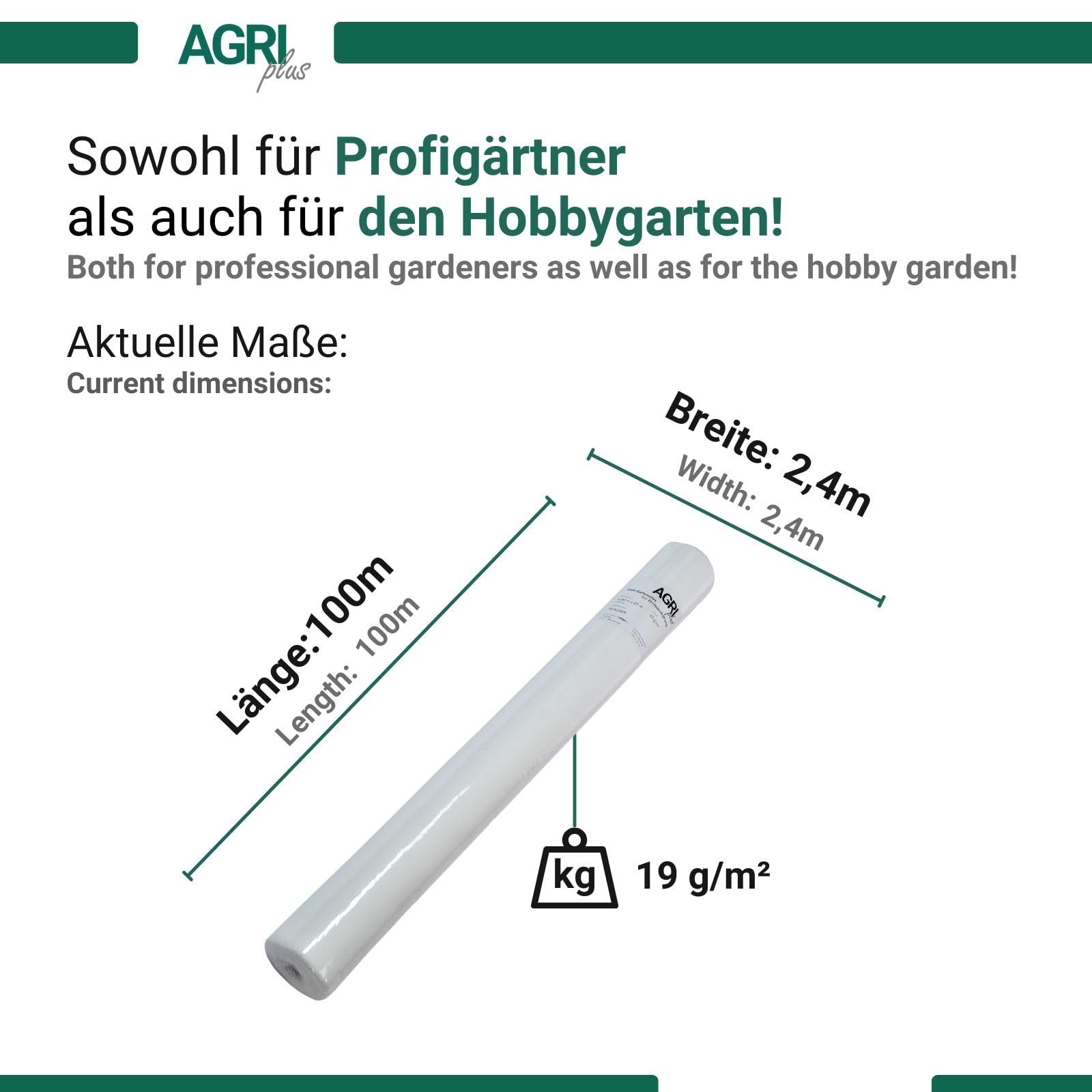 AGRI plus Gartenvlies auf Rolle I 2,4 x 100 m I Verschiedene Maße I Reißfestes 19 g/m² Abdeckvlies für den Außenbereich I Frostschutz für Pflanzen I Vlies wasserdurchlässig & UV-beständig