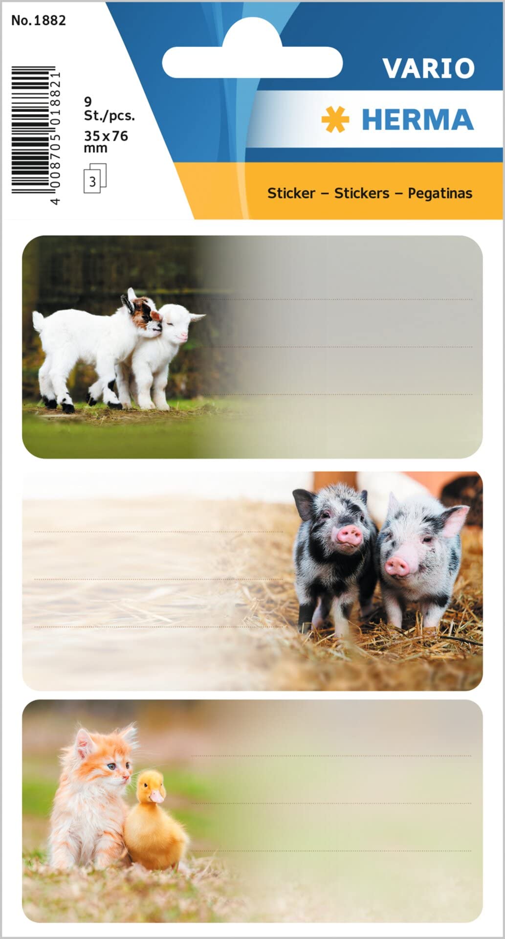 HERMA 1882 Book Labels for Writing on Farm Animals, 9 Pieces, 76 x 35 mm, Self Adhesive Lined Book Stickers for School Kids Girls Boys, Multicolor Book Labels Stickers, Colorful