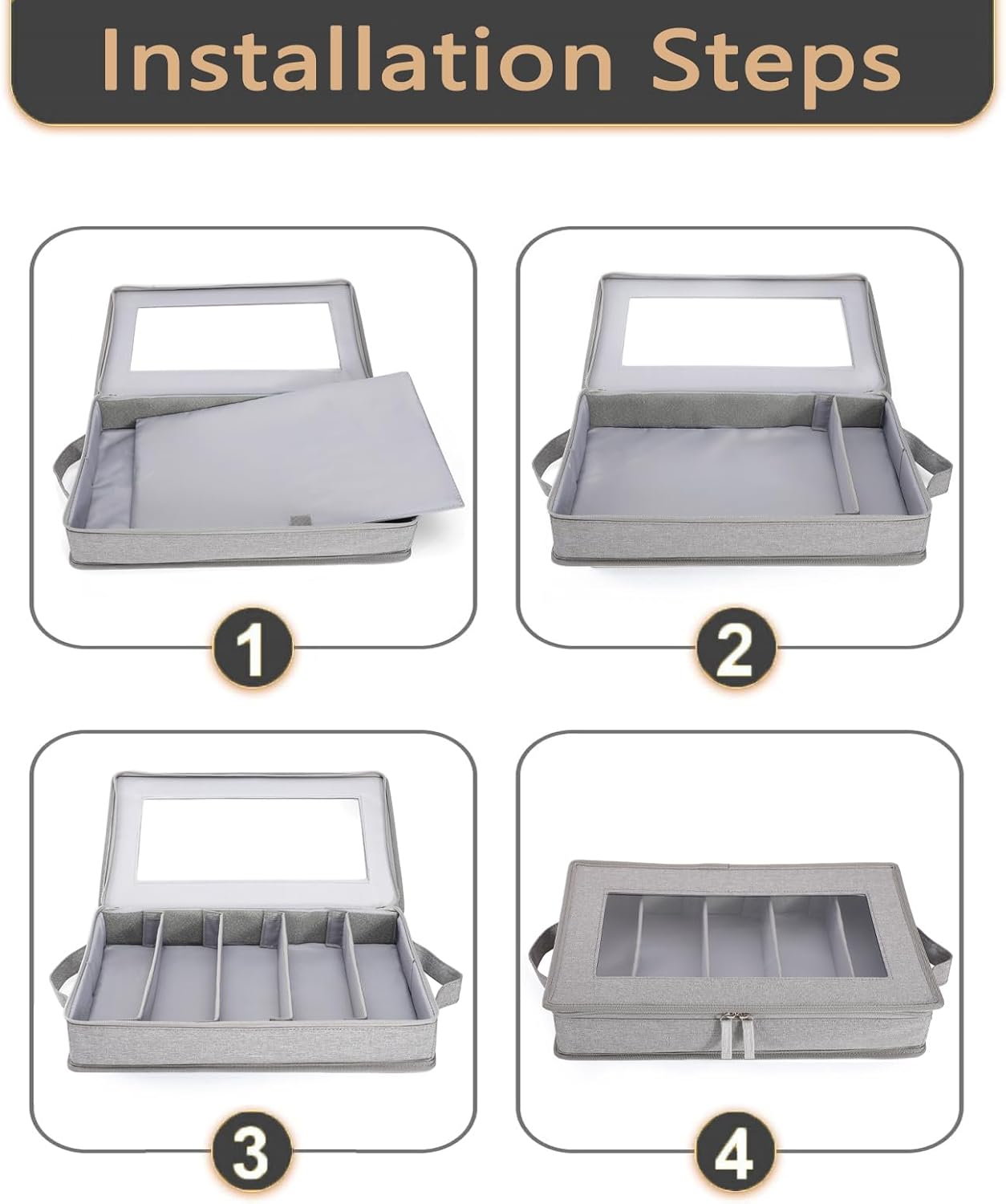 Joyfol Day Flatware Utensil Storage Case, Grey Silverware Storage Box Chest with Adjustable Dividers, Removable Cutlery Storage Holder with Zipper Lid for Organizing Spoon/Flatware/Knives