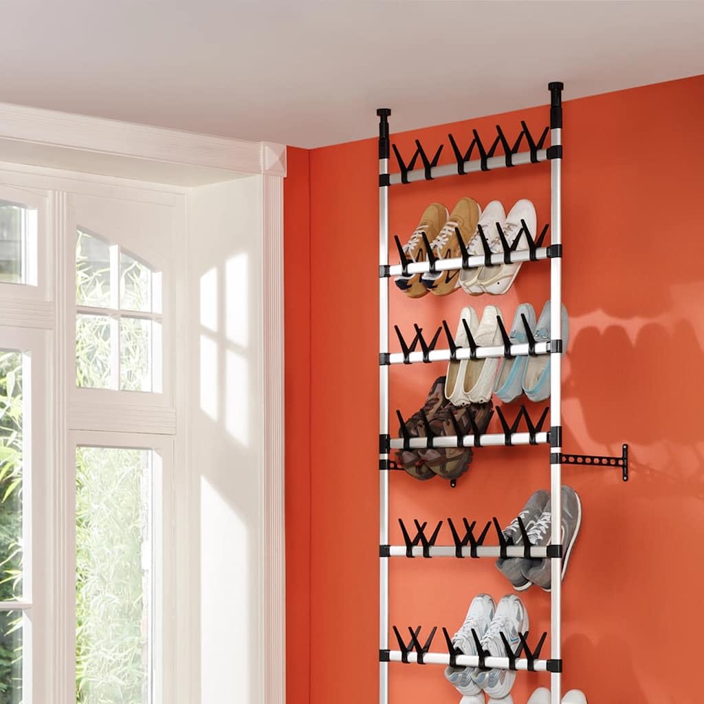 Teleskop-Schuhregal – Platzsparender Schuhständer aus Aluminium, höhenverstellbar 250-300 cm, für bis zu 54 Paar Schuhe, Stabiler Schuh-Organizer für Flur und Ankleide, Silber Schwarz