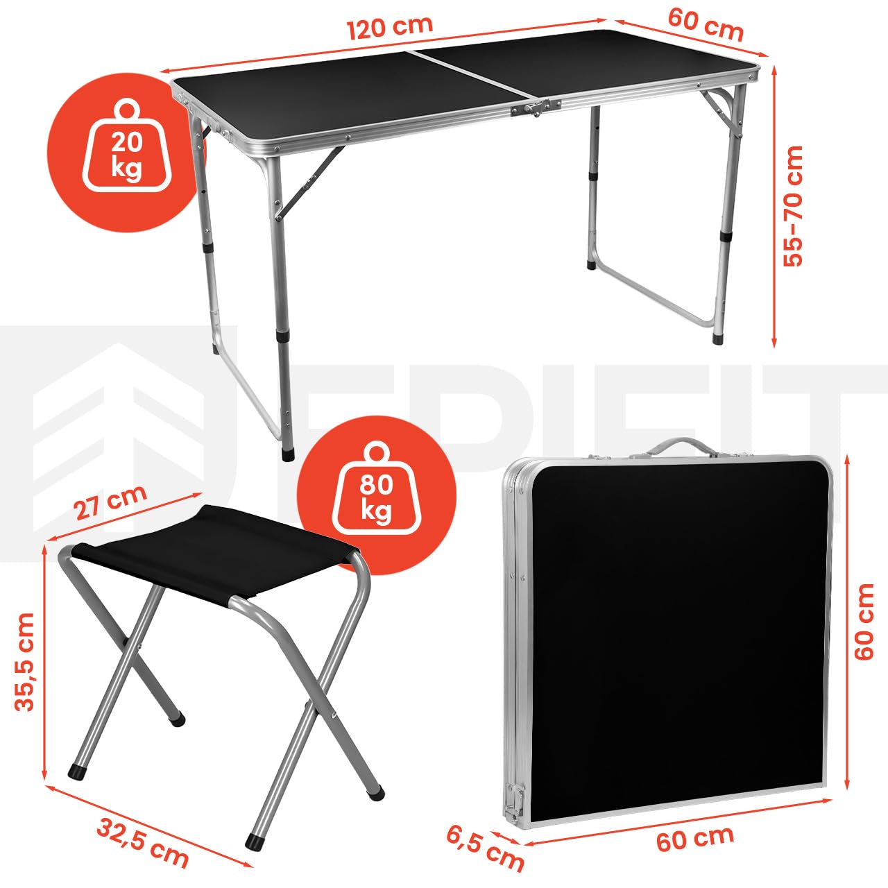 MalTec Wandertisch Klappbarer Campingtisch Koffer Camp 120 Set Set mit 4 Stühlen