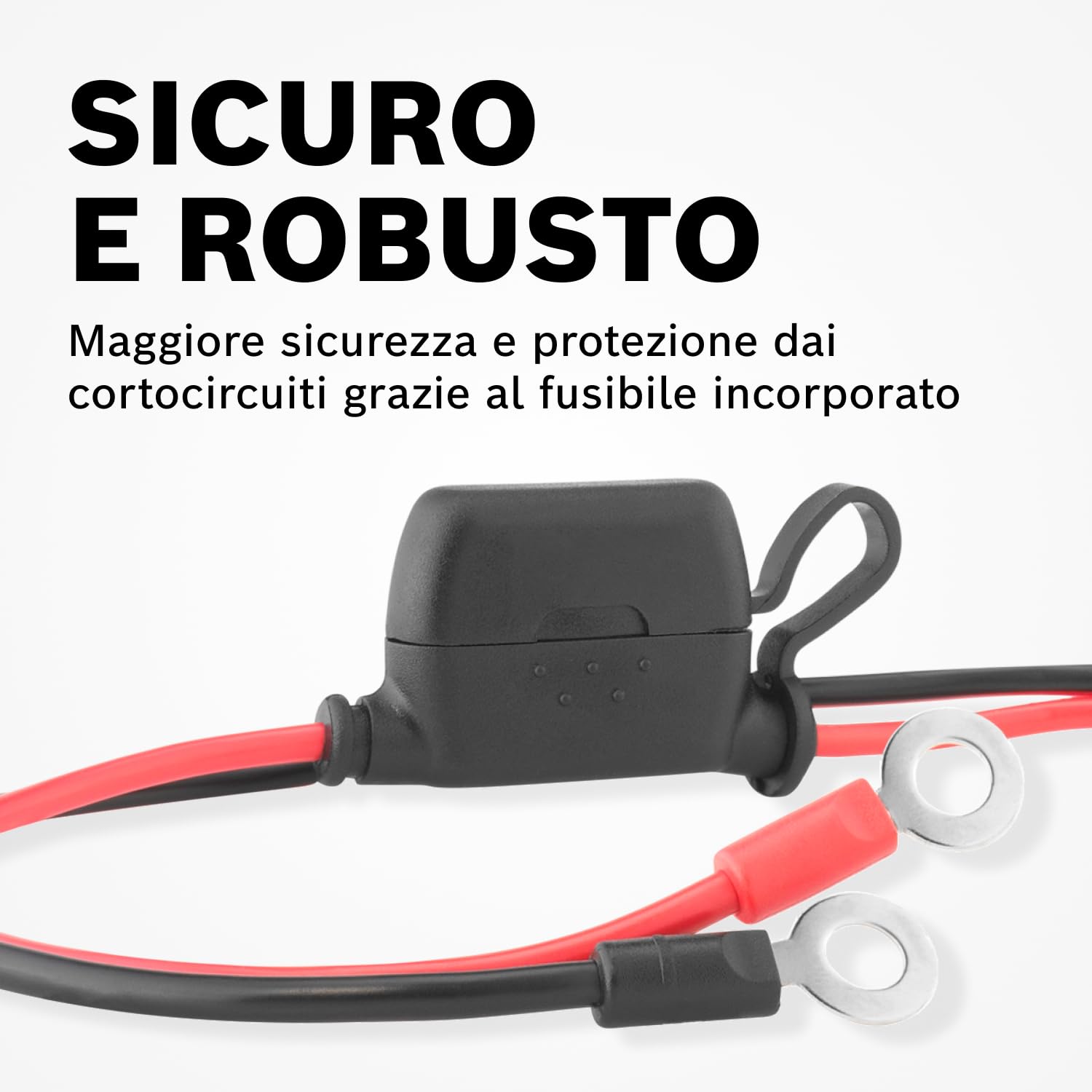 Cavo di Collegamento Bosch per Caricabatterie - Cavo Batteria con Capicorda e Fusibile da 10 A - Ricambio di Qualità Originale - Occhielli M6, Cavo da 52 cm - 0189999270