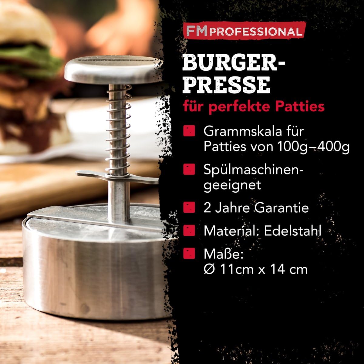 FMProfessional Burgerpresse für leckere Hamburger by Fackelmann – Hamburgerpresse mit 100g - 400g Patty – Presse aus Edelstahl für schmackhafte Burger | Hamburgerpresse mit Skala von 100 bis 400 Gramm, Handlicher Griff mit praktischer Halterung, Reinigung
