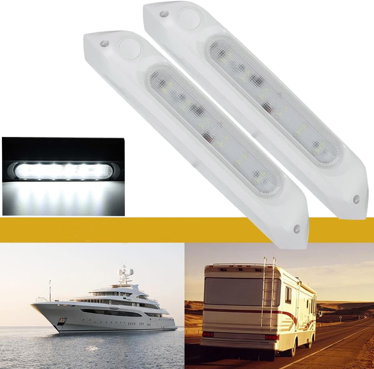 JUTTAUTO 12V Caravan Awning LED Light, 8W Touch Switch Exterior Door Porch Lamp, RV Interior Light for Boat Marine Truck Motorhome Camping Van Lighting(2*White)
