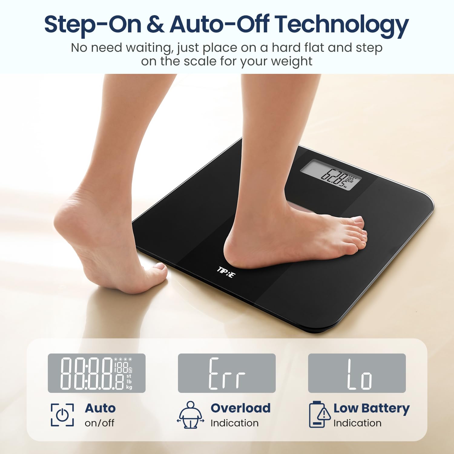 TIPRE Báscula para peso corporal, báscula de peso alimentada por energía solar con potencia infinita, báscula electrónica de baño para pérdida de peso, báscula digital con precisión de 0.01 libras, no