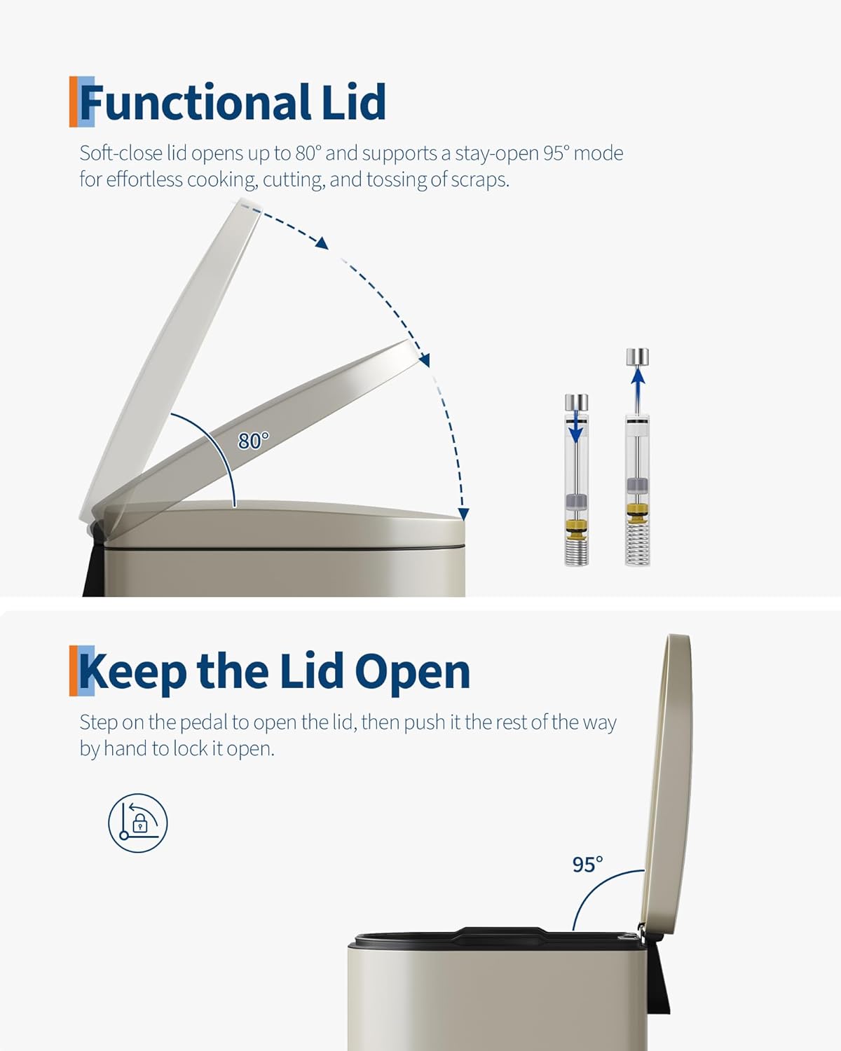 Garvee 2.6 gal / 10 L Metal Bathroom Trash Can with Lid, Slim Waterproof Garbage Can for Bedroom, Small Step-on Trash Bin with Inner Bucket, Rear Handle, Soft Close Lid, Sand Beige