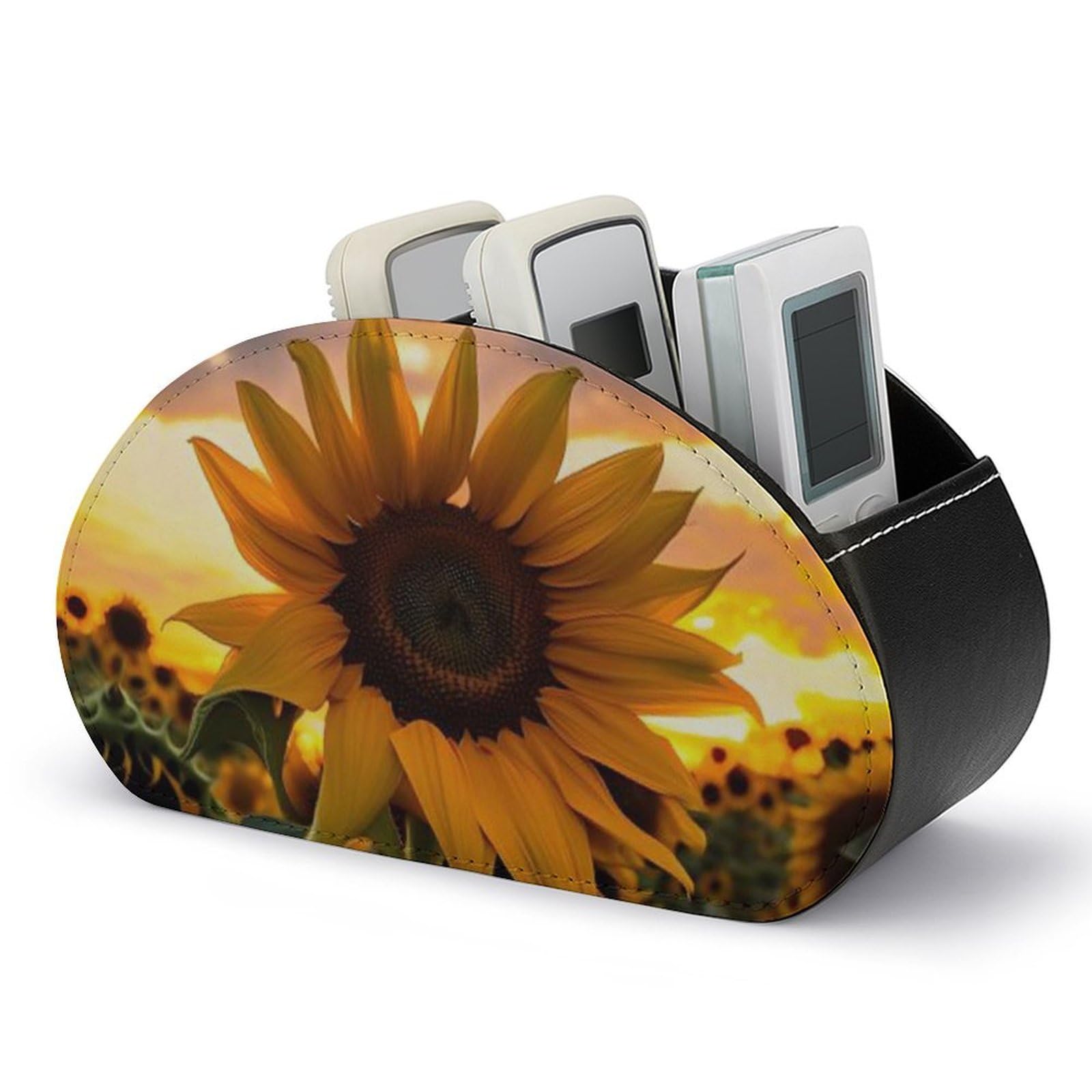 VstaDank Farm Sunflower Remote Control Holder with 5 Compartments PU Leather Remote Caddy Desktop Organizer Store TV Remote Control Storage Box for Home Office Desk Nightstand