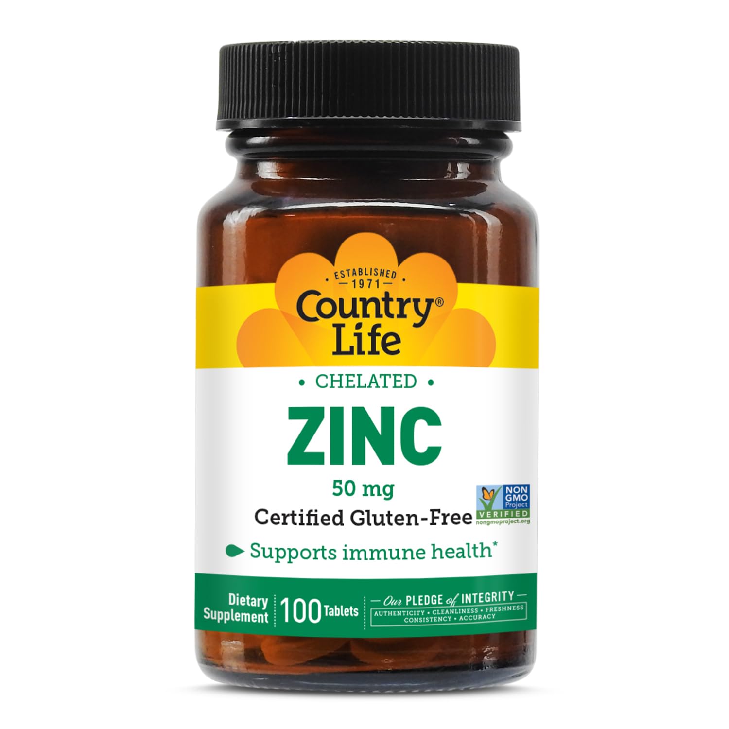 Country Life Chelated Zinc 50 mg - Certified Gluten-Free & Vegan Immune Support Supplement, Enhances Zinc Absorption, Supports Body’s Protein Production & Cellular Health, 100 Vegetarian Tablets