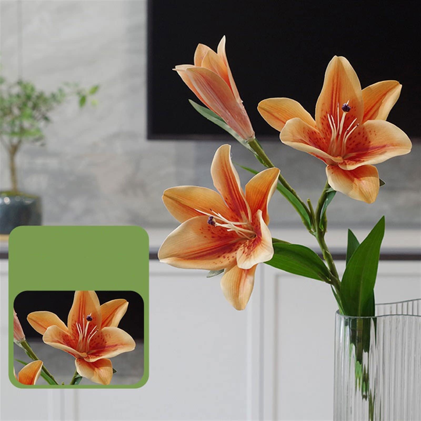 Künstliche Blumen mit Vase Lilien-Simulationsstrauß, hochwertige, nasse Gefühl, gefälschte Blumenornamente, leichte Luxus-Innendekoration, künstlicher Blumenstrauß Künstliche Blumen Deko(Color:Orange)