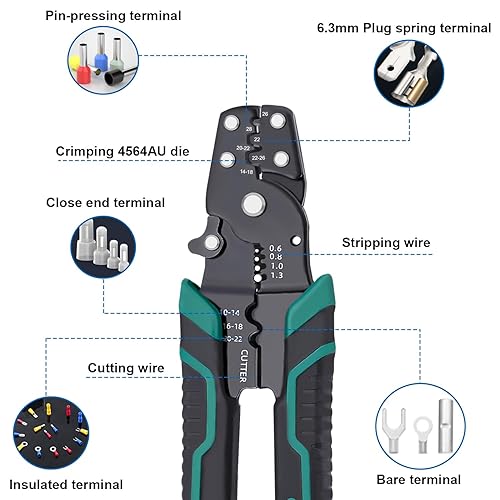 Miniatura 2 de smseace Herramientas de crimpadopeladocorte, rango de crimpado 26-10AWG (1.5-6mmRango de pelado 22-16AWG (0.6-1.3mm) para terminales aislados,