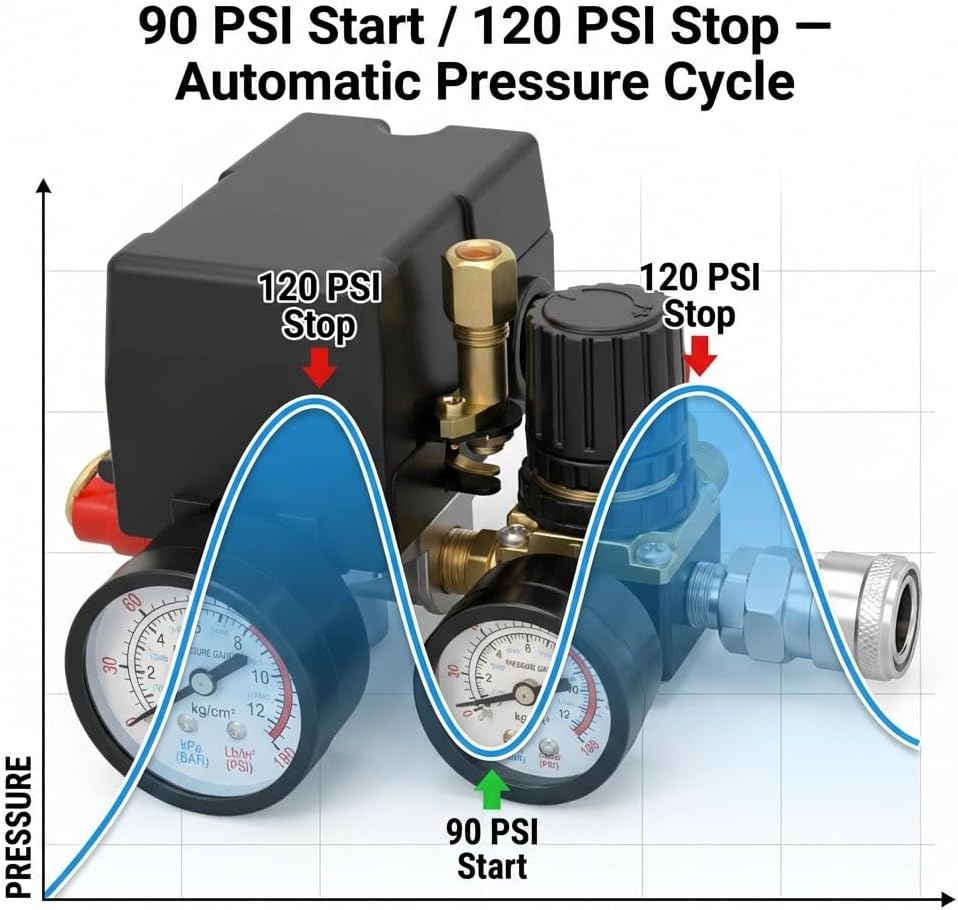 Side view of the QWORK Air Compressor Pressure Switch showing the regulator knob.