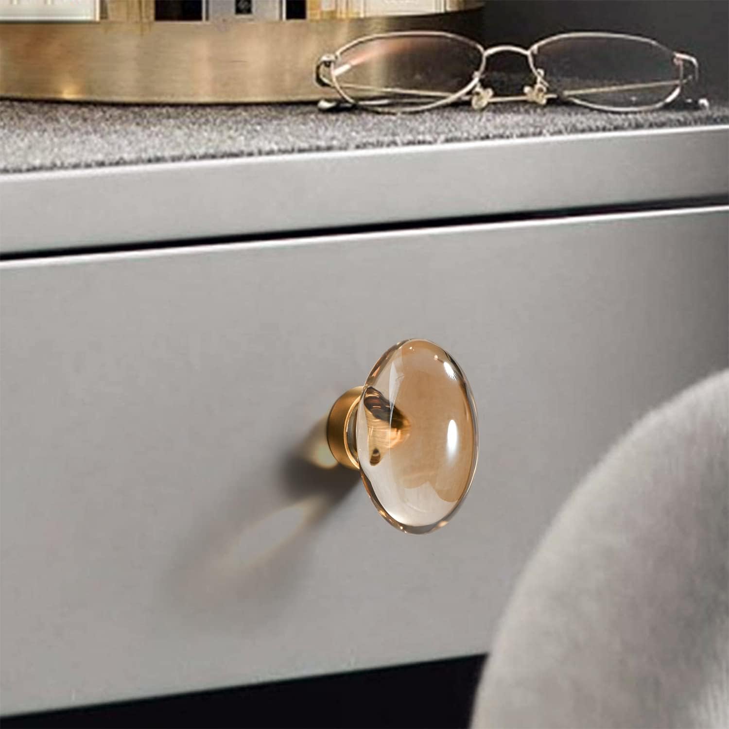 Champagne-Bronze Crystal-Brass Drawer Cabinet Knobs - 5 Pack Glass Brushed Gold pulls Hardware for Dresser Kitchen Bedroom Bathroom