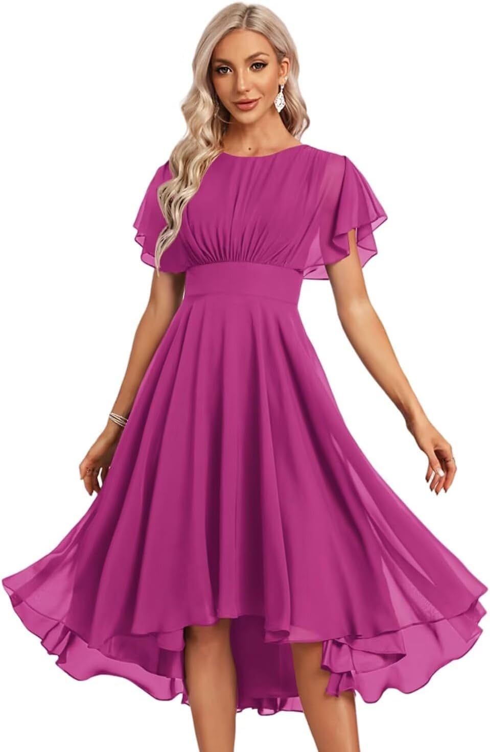 Women's Chiffon Bridesmaid Dresses Short Crew Neck Flutter Sleeves Prom Dress for Evening Party