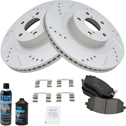 TRQ Kit de pastillas de freno delantero y rotor de alta calidad con revestimiento en G de cerámica ranurado X perforado compatible con Subaru Baja