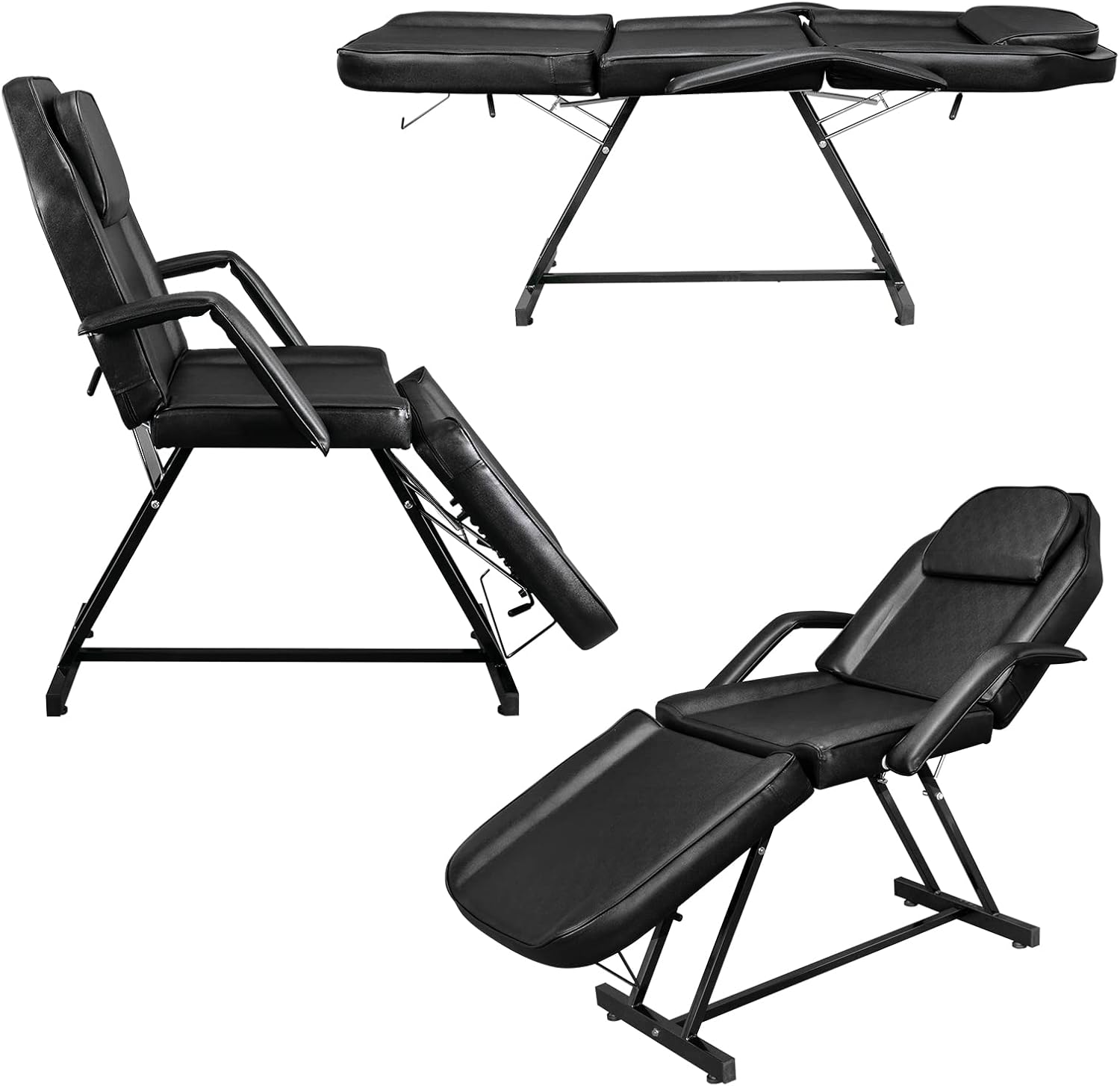 Image showing the Bonnlo Massage Tattoo Chair in various configurations, including a flat bed, a reclined chair, and an upright chair, illustrating its versatility and assembly stagኢ.