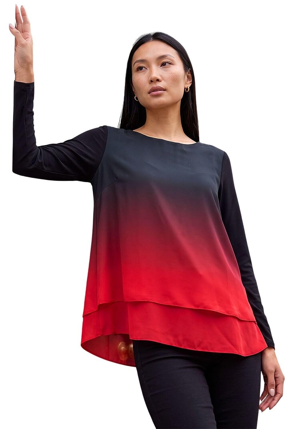 Roman Originals Ombre Chiffon Overlay Top for Women UK - Ladies Everyday Autumn Winter Round Neckline Comfy Soft Evening Vacation Work Party Night Out