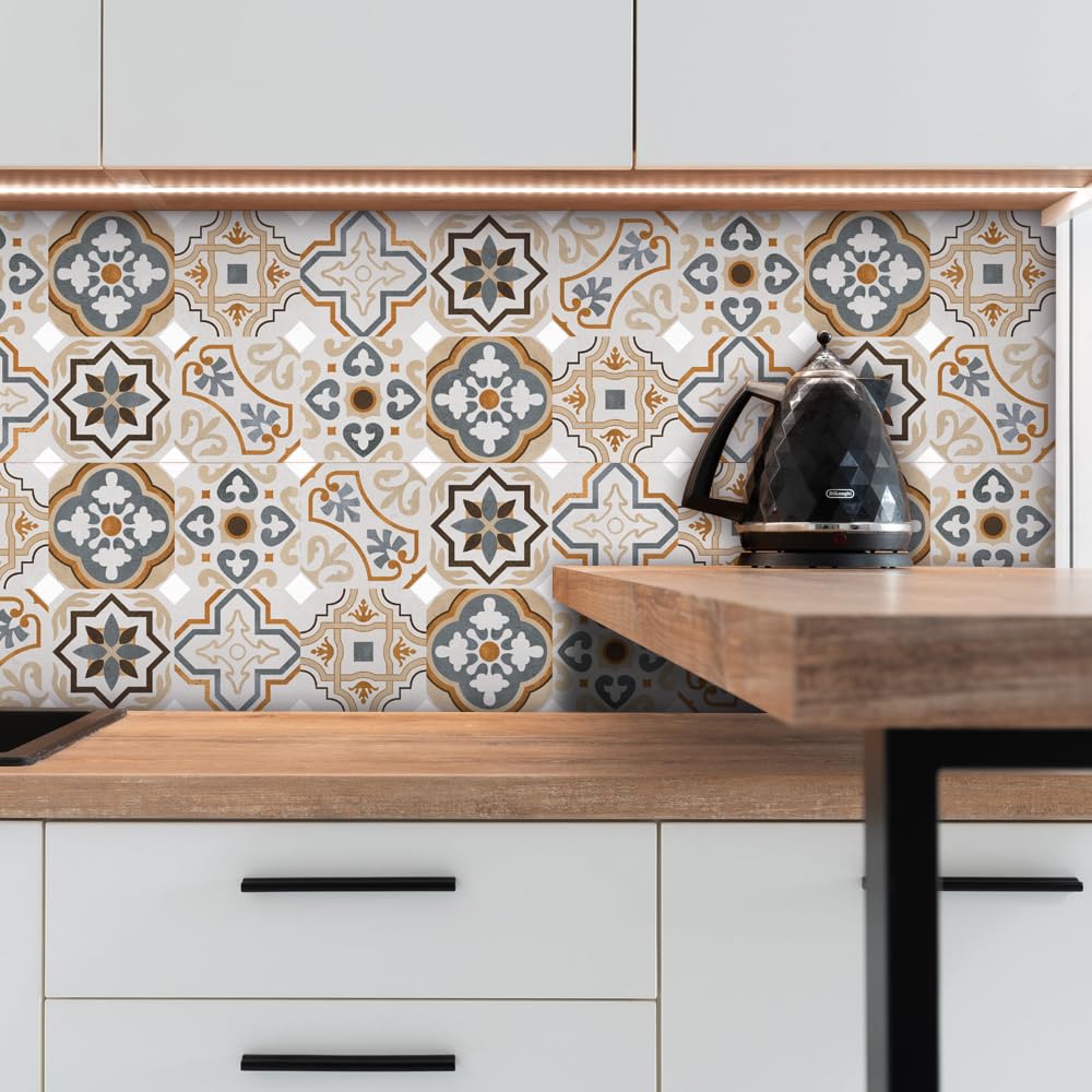 Moroccan Tile Stickers for Kitchen， Tile Stickers Self Adhesive Oil Proof Waterproof Kitchen Bathroom 10x10/15x15/20x20/30x30 cm(10 Pcs/20x20cm)