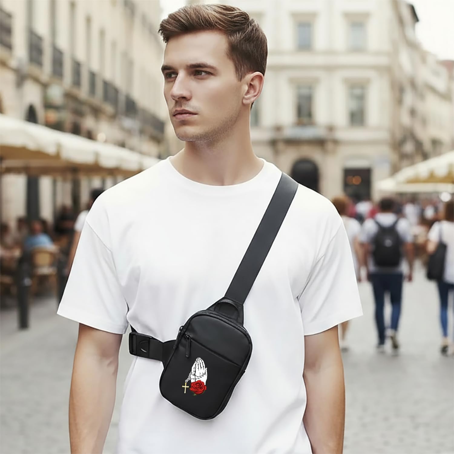 FOECBIR Mini Crossbody Bag Men Chest Bags,Small Travel Sling Bag For Men Women Waterproof For Mens For Travel Work Sport (Cross Rose Skull, Small) - Image 7