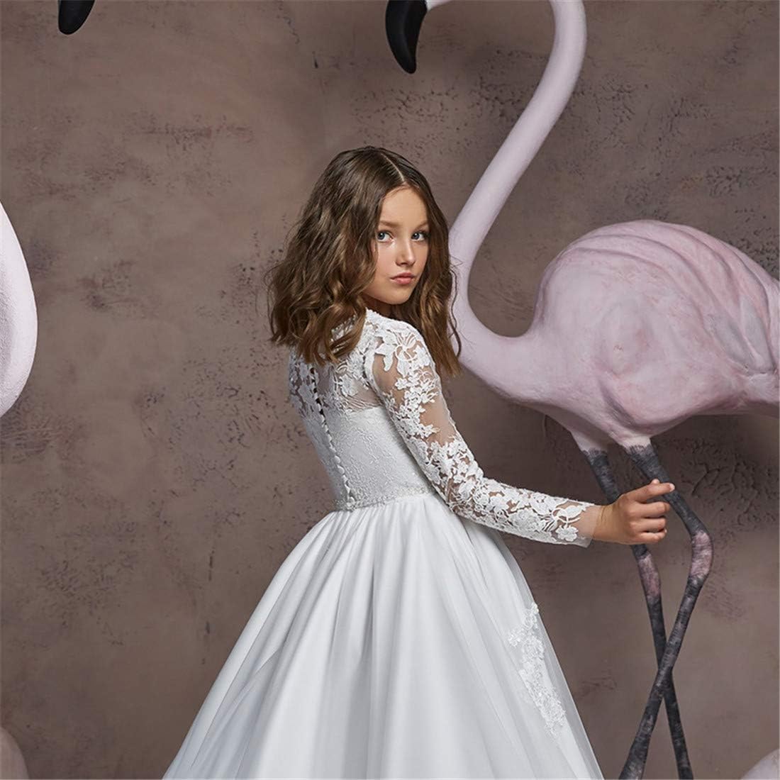 LECOYOYO Pizzo Ricamo Fiore Ragazza Abiti Tulle Manica Lunga Primo Comunione Abiti
