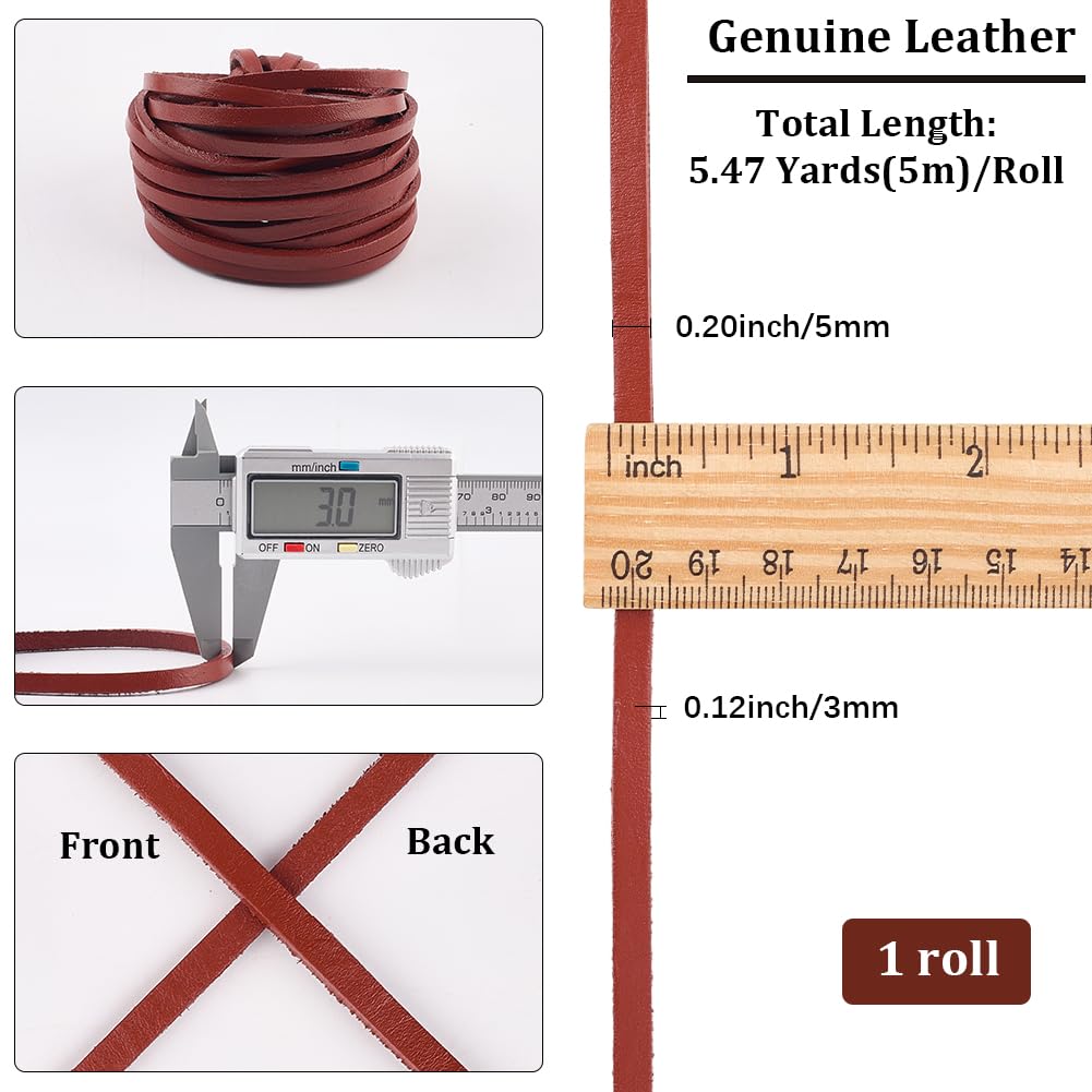 GORGECRAFT 5mx5mm Real Leather Craft Lace Strips Saddle Brown Flat Genuine Leather Cord String 3mm Thick Full Grain Cowhide Braiding Thread Rope for Jewelry Making Braiding Bracelets Key Chains - Image 2
