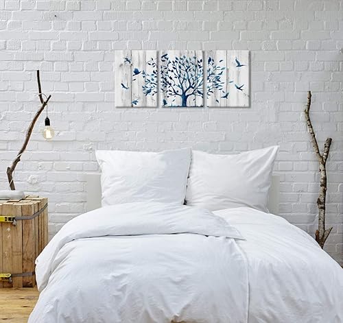 Miniatura 2 de WELMECO 3 piezas rústicas de árbol azul con pájaros, textura de madera rústica, impresiones giclée, estiradas listas para colgar, para sala de
