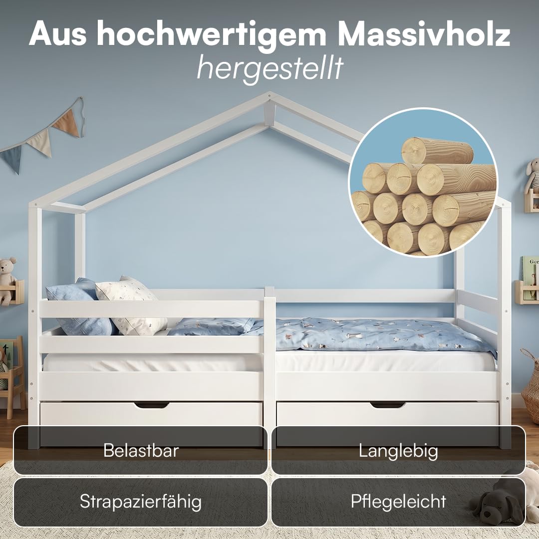 Bellabino Abia Kinderbett 90x200 cm – Hausbett mit Rausfallschutz, Lattenrost und 2 Schubladen – Montessori Kinder Bett aus Massivholz Kiefer für Jungen und Mädchen in Weiß