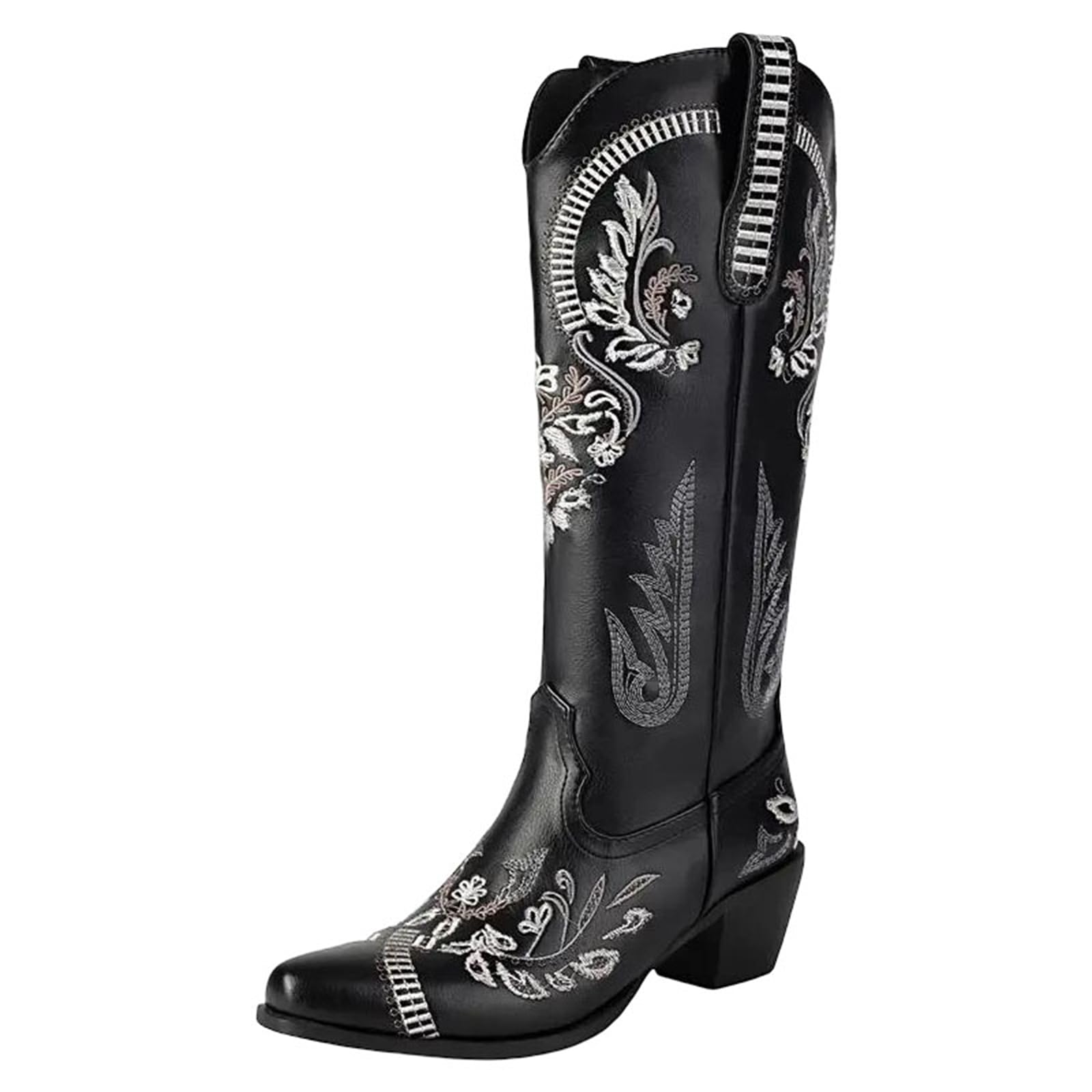 Womens Casual Knee-High Western Boots With A Square Toe And A High Block Heel Featuring An Embroidered Pull