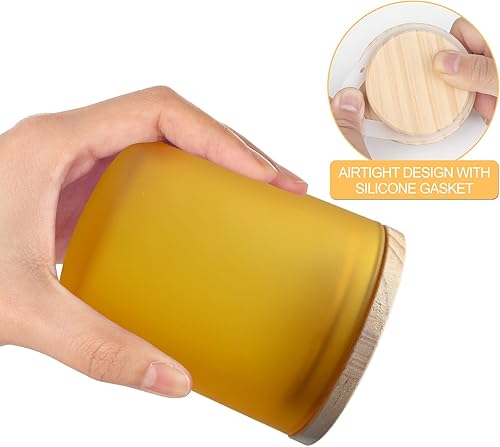 Miniatura 3 de SHOWIN Tarros gruesos para hacer velas, 12 unidades, tarros de vidrio vacíos amarillos de 7 onzas con tapas de madera para tarros de especias,