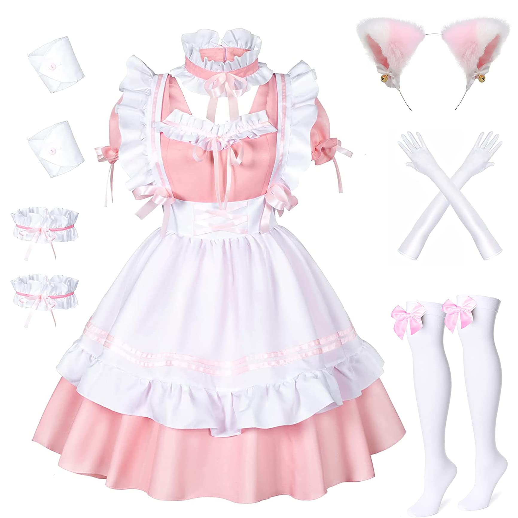 Catchcostume Lolita Dress Cute Anime French Maid Cosplay Costume Waitress Party Stage Cat Ear Gloves Socks Set