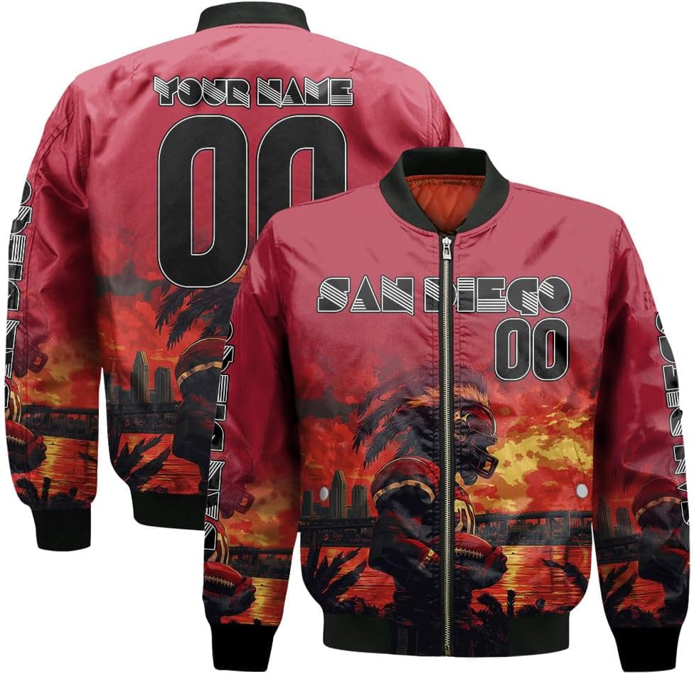 Custom Bomber Jacket Sunset Bridge City State Red Black Personalized Name Number Zip Up Varsity Baseball Jacket For Men Women, Fall Winter, Jacket Fall Winter Warm Windbreaker Full Zip Casual Coats