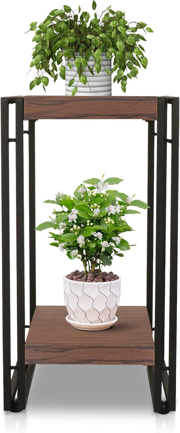 22 inch Plant Stand Table, 2 Tier Plant Shelves Indoor Flower Pots Stand Holder Modern Corner Plant Stand Rack Shelves Square Plant Tables for Office Living Room, Balcony,Brown