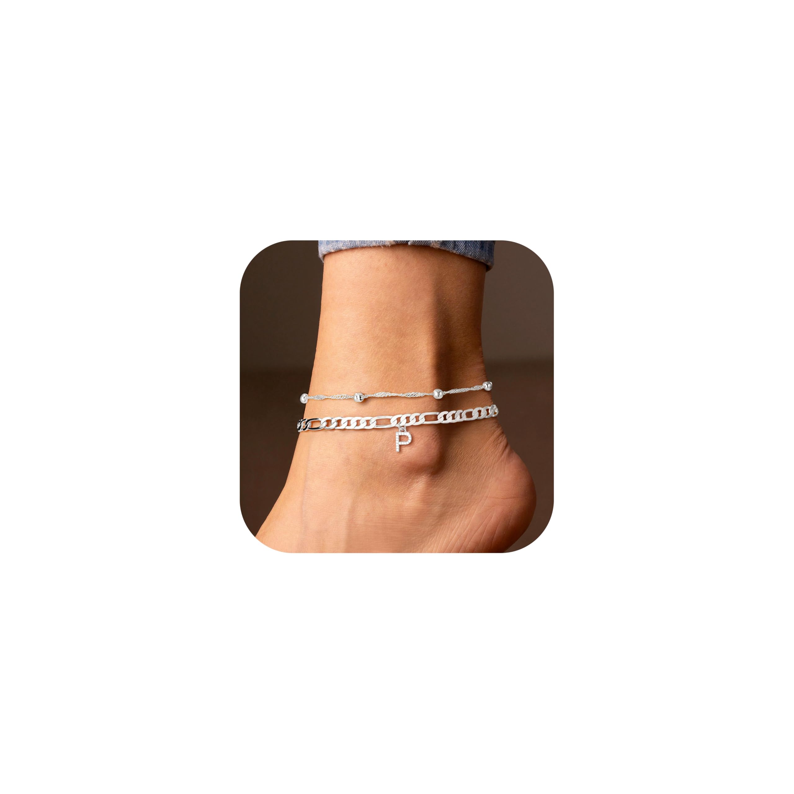 Ursteel Ankle Bracelets for Women, 14K Gold Plated Dainty Layered Chain CZ Initial Anklets Summer Jewelry Gifts for Women